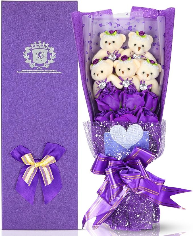 Erweicet Valentines Day Gifts for Her Flower Bear with Box Rose Teddy Bear Valentines Day Gifts for Girls（Purple）